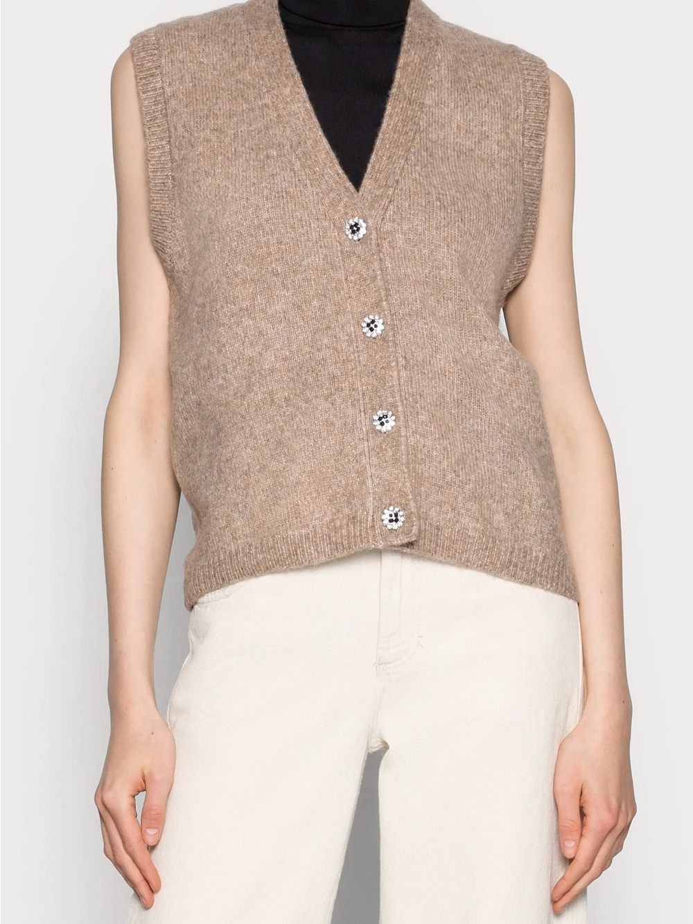 KAFFE Button-Front V-Neck Knit Vest in Taupe
